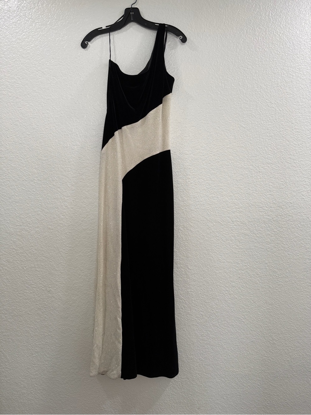 Bari Jay Black and Cream One-Shoulder Evening Gown